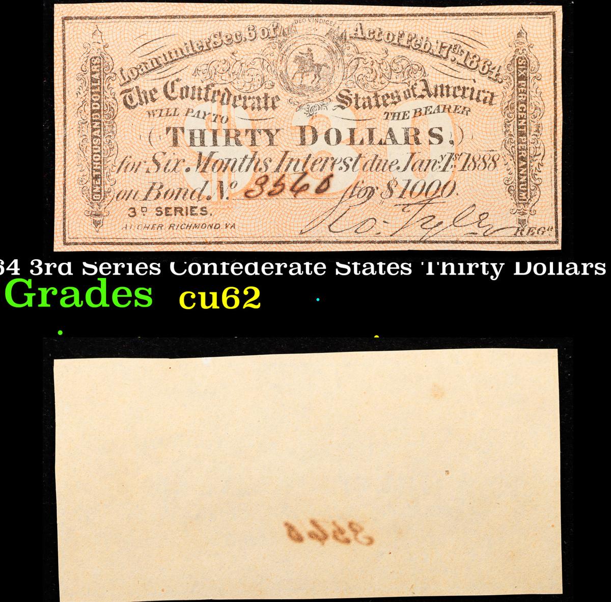 1864 3rd Series Confederate States Thirty Dollars Note Grades Select CU