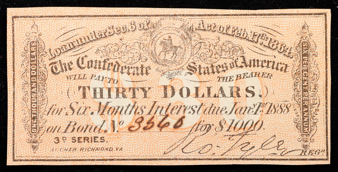 1864 3rd Series Confederate States Thirty Dollars Note Grades Select CU