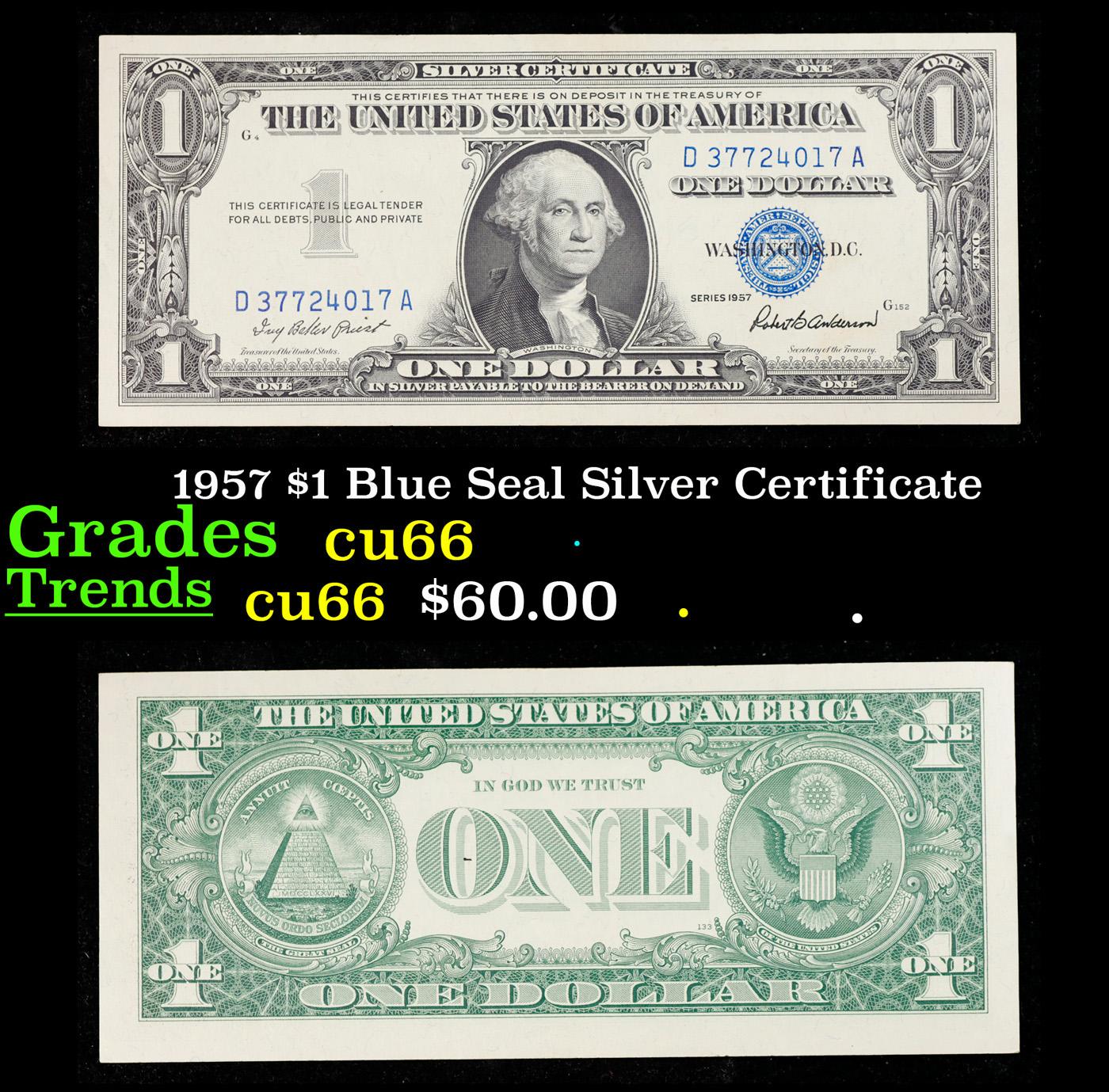 1957 $1 Blue Seal Silver Certificate Grades Gem+ CU