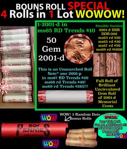 THIS AUCTION ONLY! BU Shotgun Lincoln 1c roll, 2001-d 50 pcs Plus THREE bonus random date BU roll! B