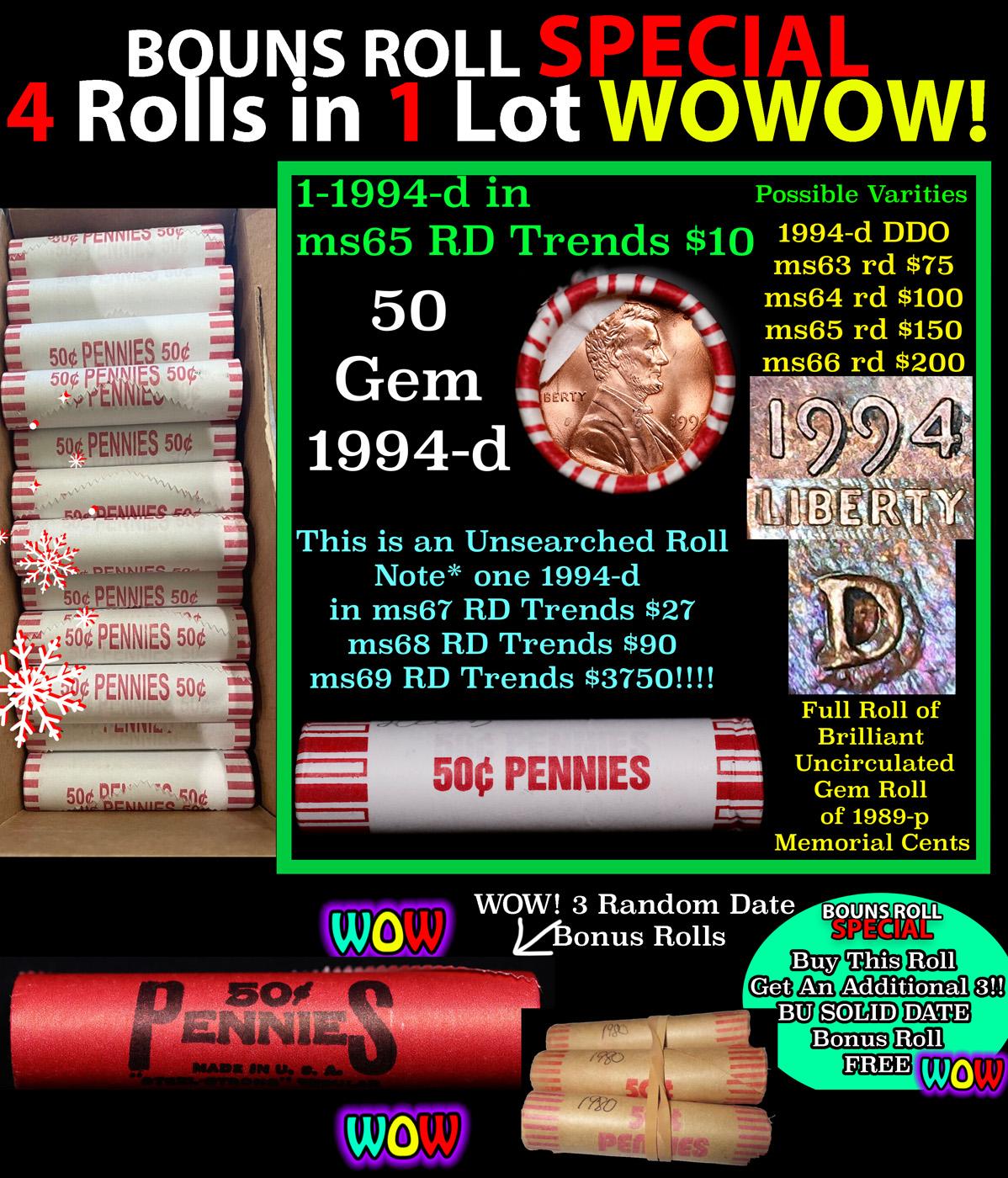 THIS AUCTION ONLY! BU Shotgun Lincoln 1c roll, 1994-d 50 pcs Plus THREE bonus random date BU roll! B