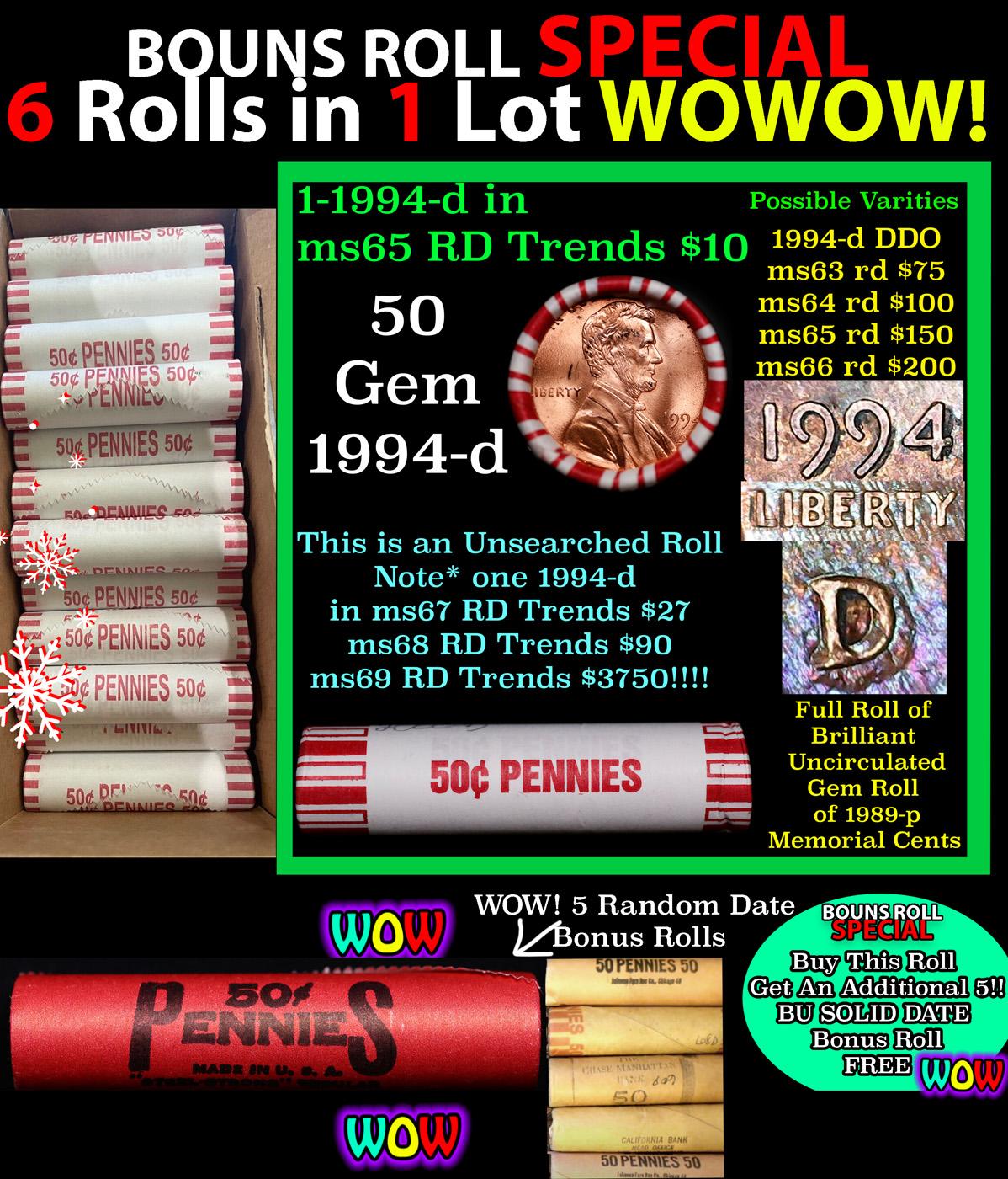 THIS AUCTION ONLY! BU Shotgun Lincoln 1c roll, 1994-d 50 pcs Plus FIVE bonus random date BU roll! Ba