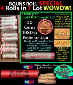 THIS AUCTION ONLY! BU Shotgun Lincoln 1c roll, 1980-p 50 pcs Plus THREE bonus random date BU roll! B