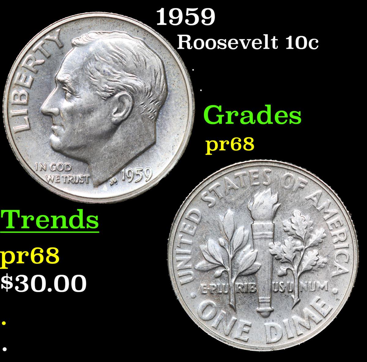 Proof 1959 Roosevelt Dime 10c Grades GEM++ Proof