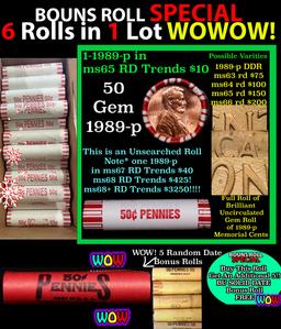 THIS AUCTION ONLY! BU Shotgun Lincoln 1c roll, 1989-p 50 pcs Plus FIVE bonus random date BU roll! Ba