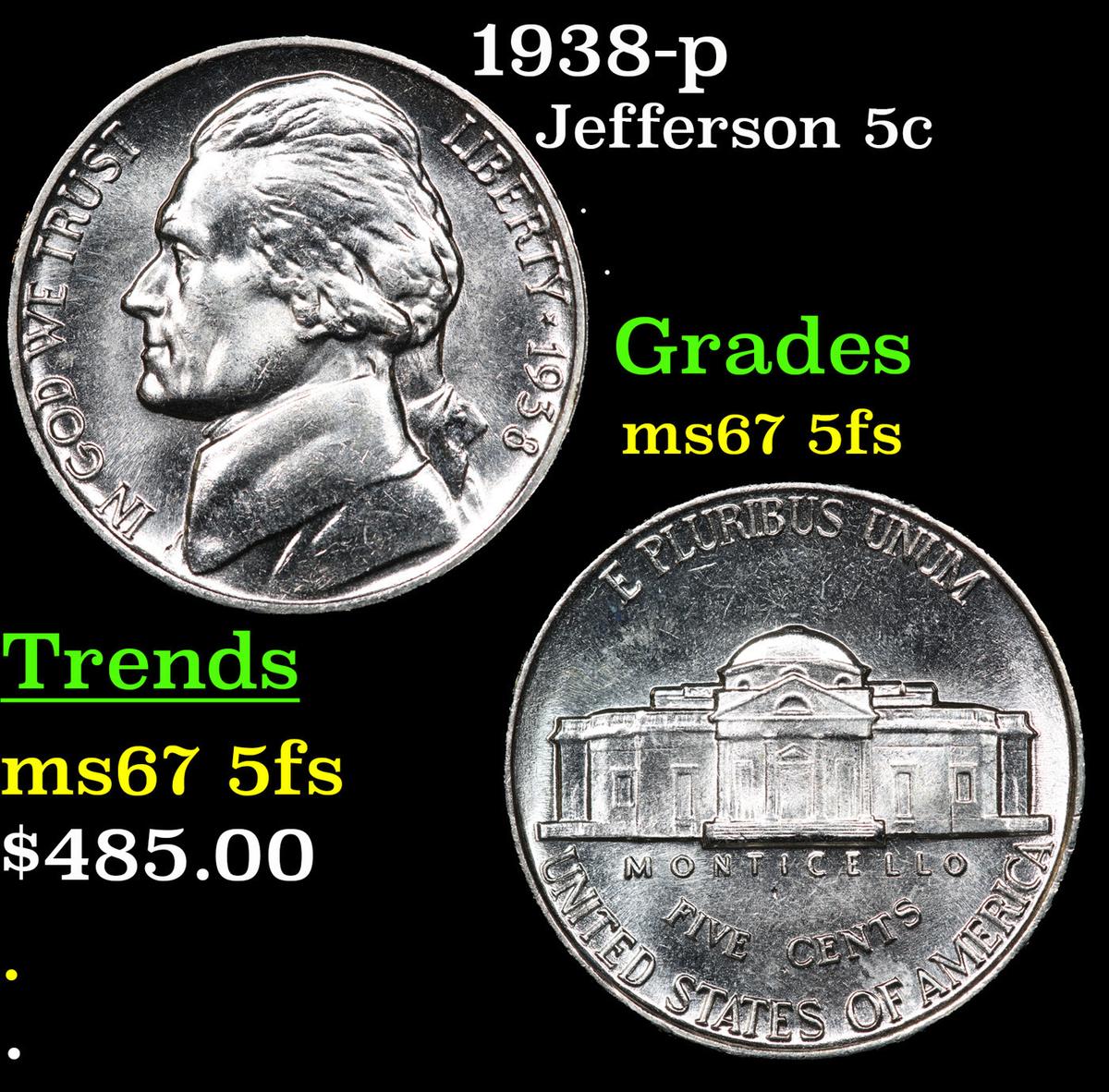 1938-p Jefferson Nickel 5c Grades GEM++ 5fs