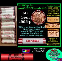 THIS AUCTION ONLY! BU Shotgun Lincoln 1c roll, 1995-p 50 pcs Plus one bonus random date BU roll! Ban