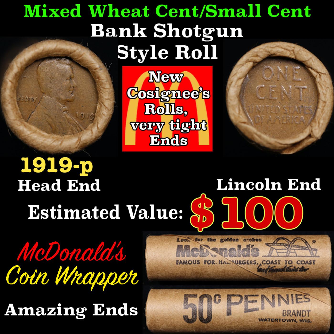 Lincoln Wheat Cent 1c Mixed Roll Orig Brandt McDonalds Wrapper, 1919-s end, Wheat other end