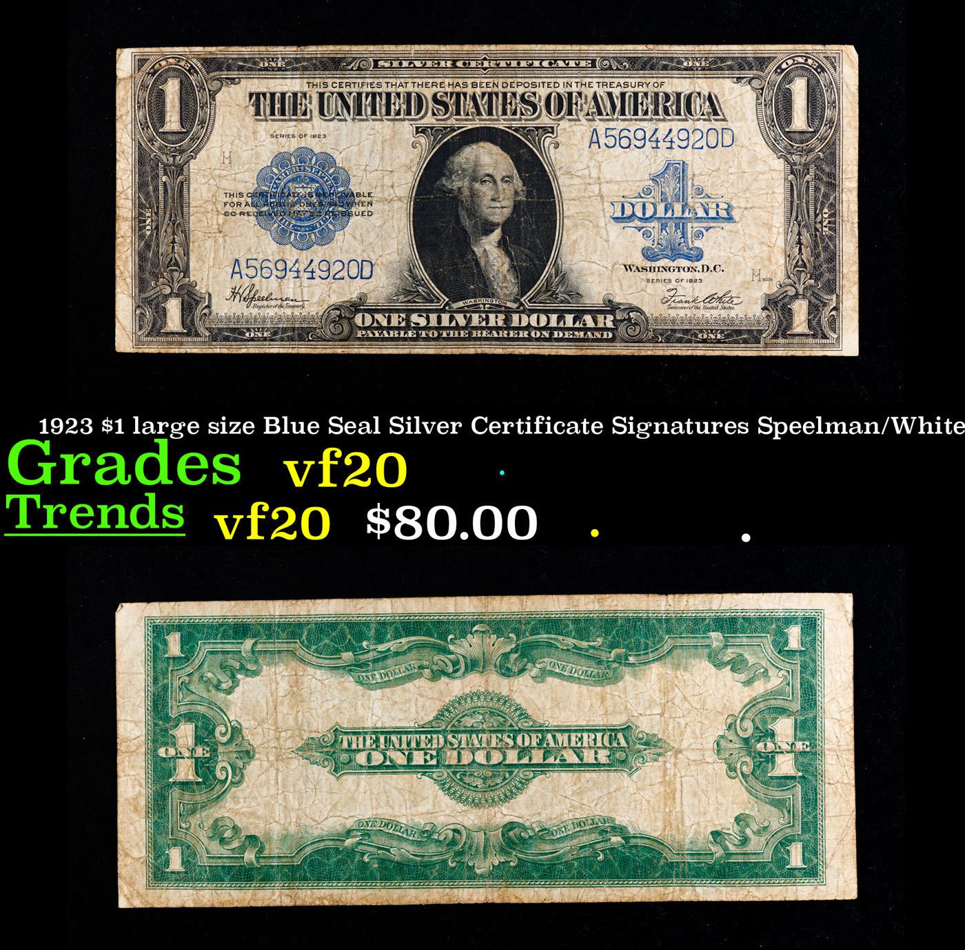 1923 $1 large size Blue Seal Silver Certificate Grades vf, very fine Signatures Speelman/White