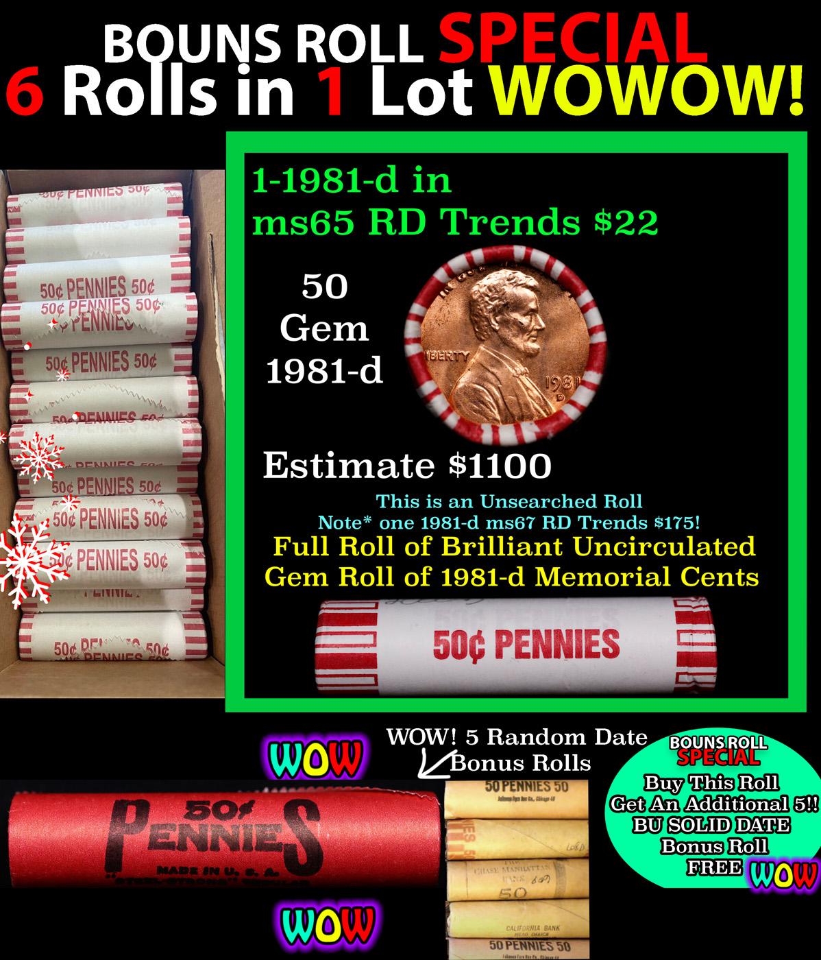 THIS AUCTION ONLY! BU Shotgun Lincoln 1c roll, 1981-d 50 pcs Plus FIVE bonus random date BU roll! Ba