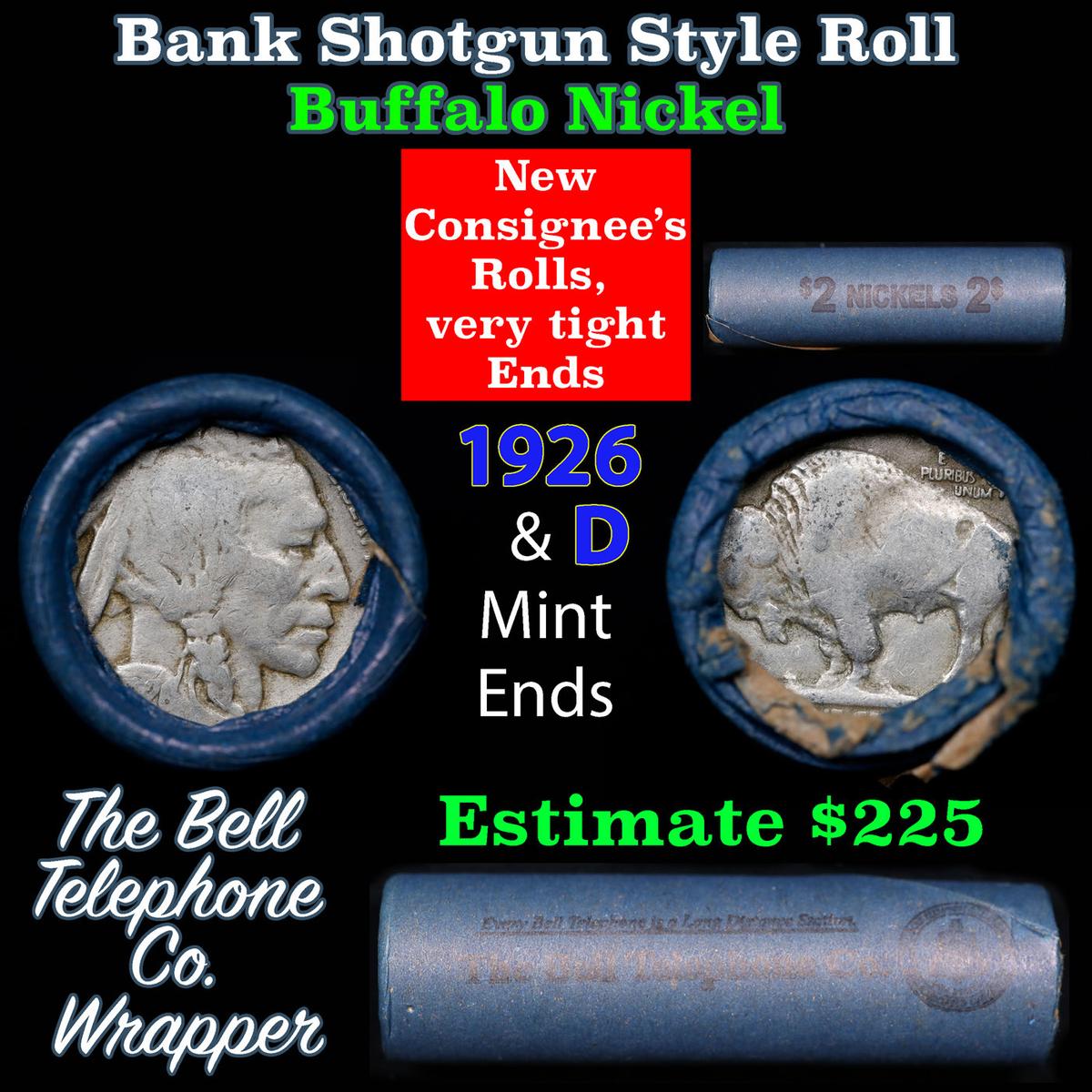 Buffalo Nickel Shotgun Roll in Old Bank Style 'Bell Telephone' Wrapper 1926 & d Mint Ends