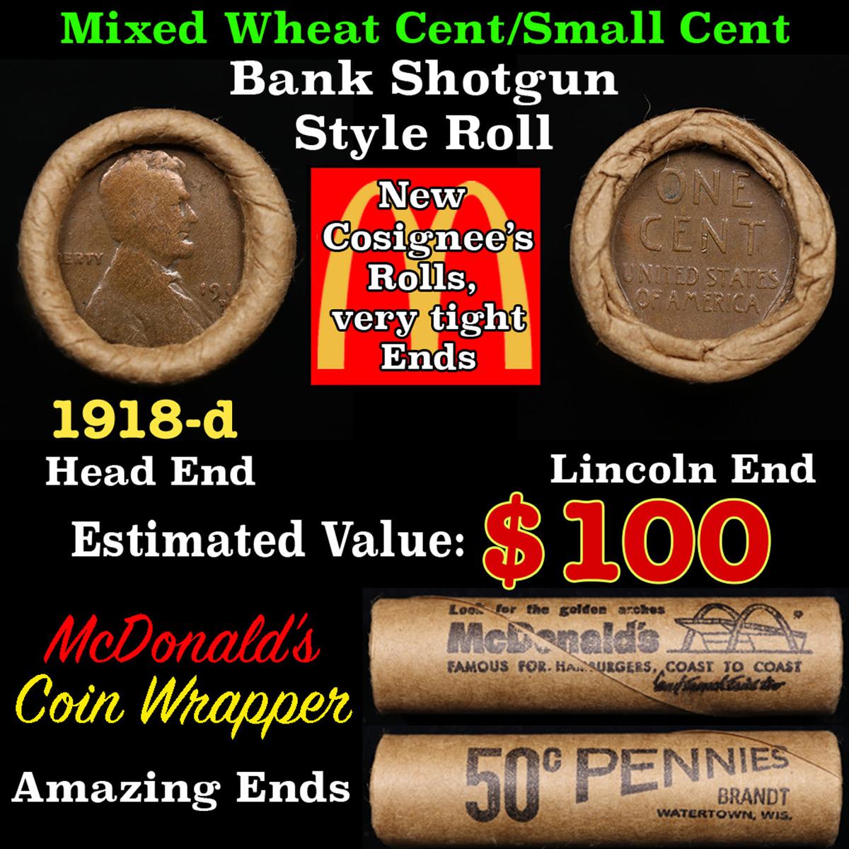 Lincoln Wheat Cent 1c Mixed Roll Orig Brandt McDonalds Wrapper, 1918-d end, Wheat other end