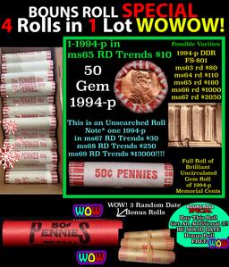 THIS AUCTION ONLY! BU Shotgun Lincoln 1c roll, 1994-p 50 pcs Plus THREE bonus random date BU roll! B