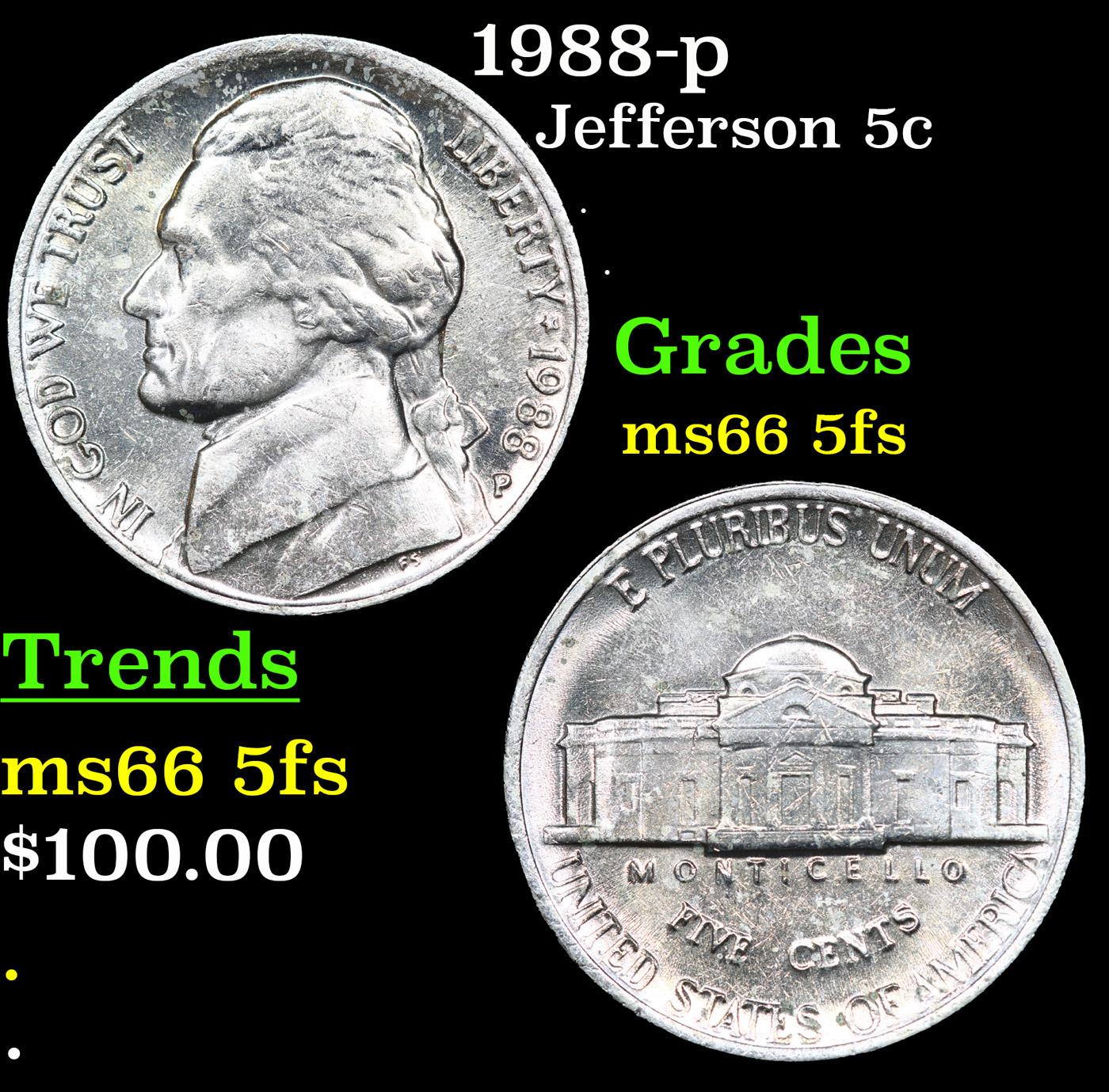 1988-p Jefferson Nickel 5c Grades GEM+ 5fs