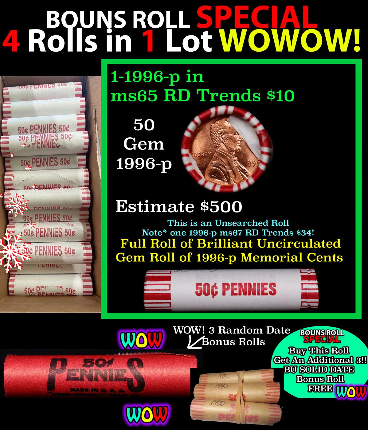 THIS AUCTION ONLY! BU Shotgun Lincoln 1c roll, 1996-p 50 pcs Plus THREE bonus random date BU roll! B