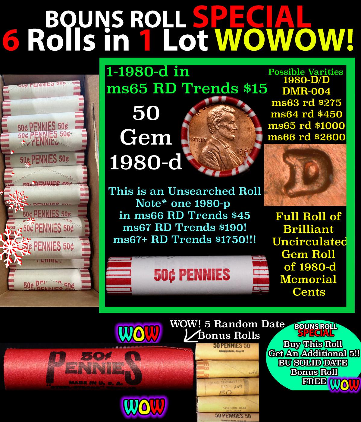 THIS AUCTION ONLY! BU Shotgun Lincoln 1c roll, 1980-d 50 pcs Plus FIVE bonus random date BU roll! Ba