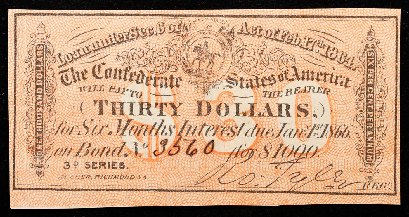 1864 3rd Series Confederate States Thirty Dollars Note Grades Choice AU/BU Slider