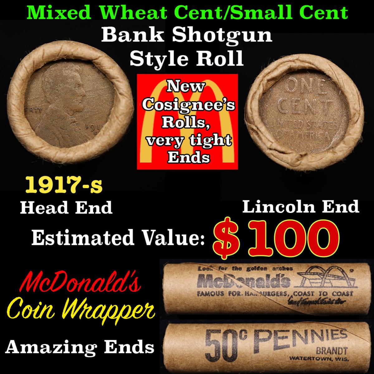 Lincoln Wheat Cent 1c Mixed Roll Orig Brandt McDonalds Wrapper, 1917-s end, Wheat other end