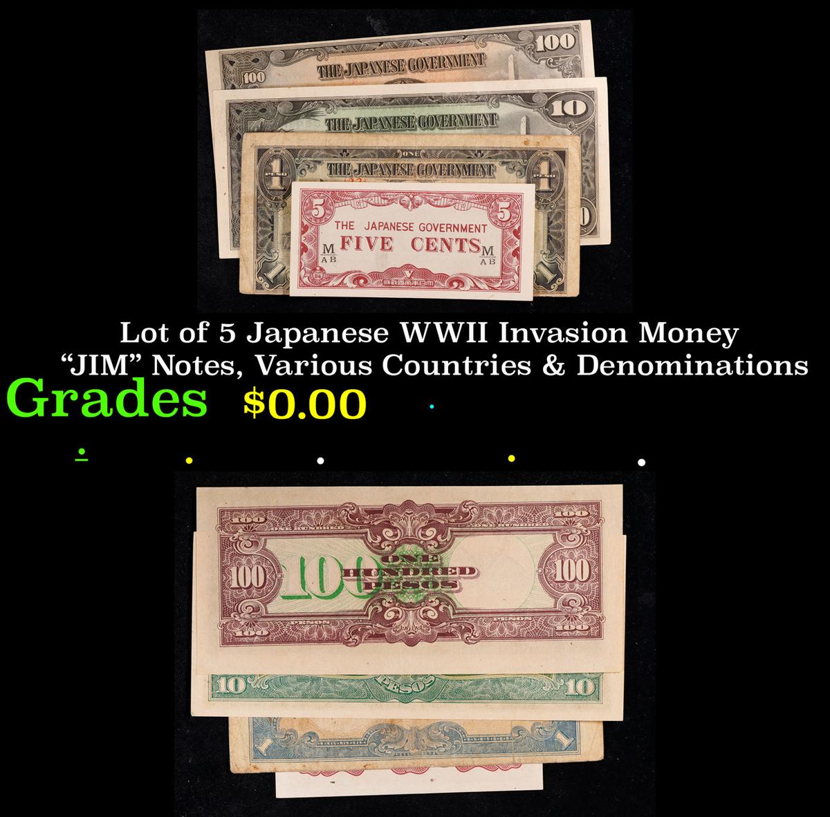 Lot of 5 Japanese WWII Invasion Money "JIM" Notes, Various Countries & Denominations Grades