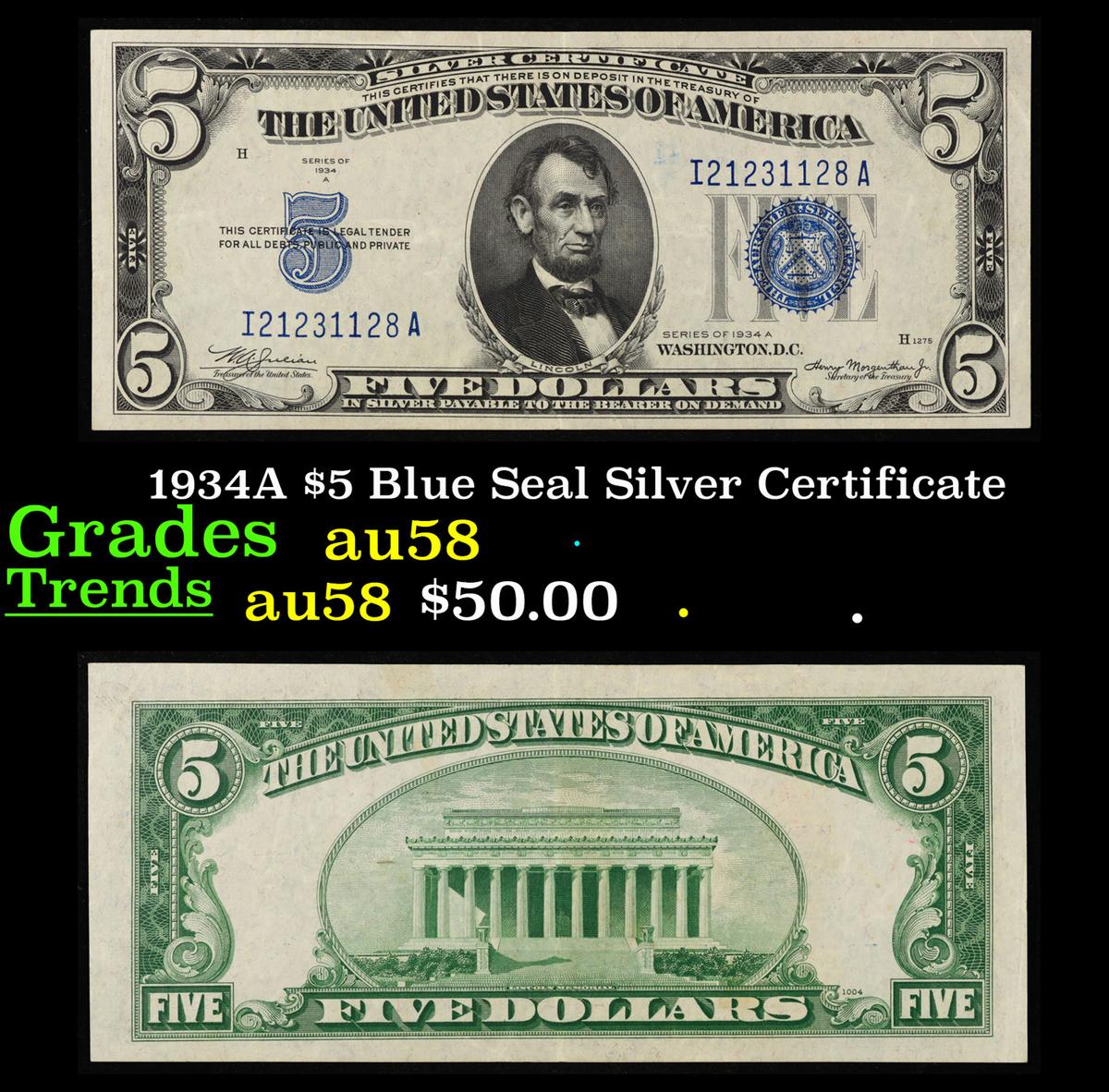 1934A $5 Blue Seal Silver Certificate Grades Choice AU/BU Slider