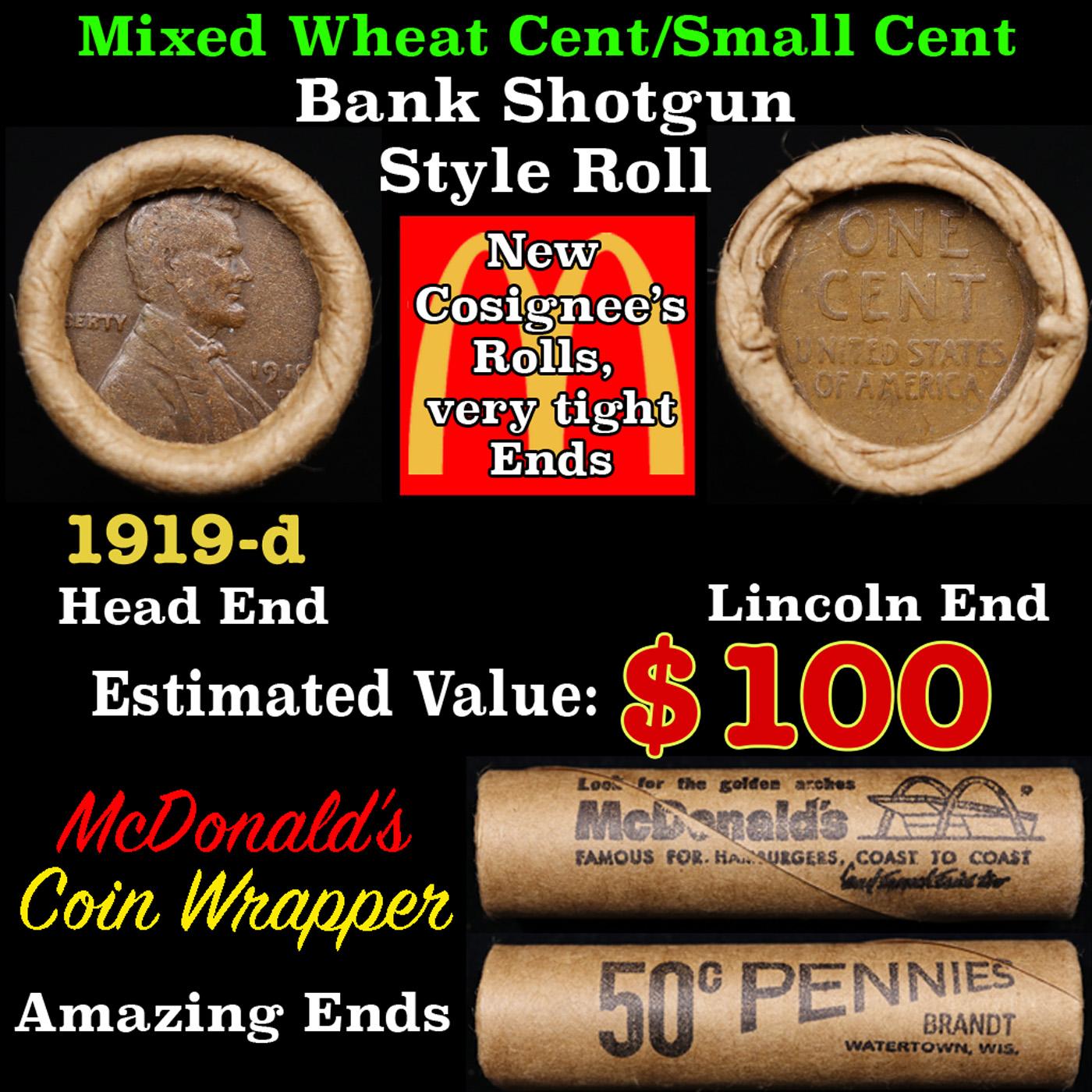 Lincoln Wheat Cent 1c Mixed Roll Orig Brandt McDonalds Wrapper, 1919-d end, Wheat other end