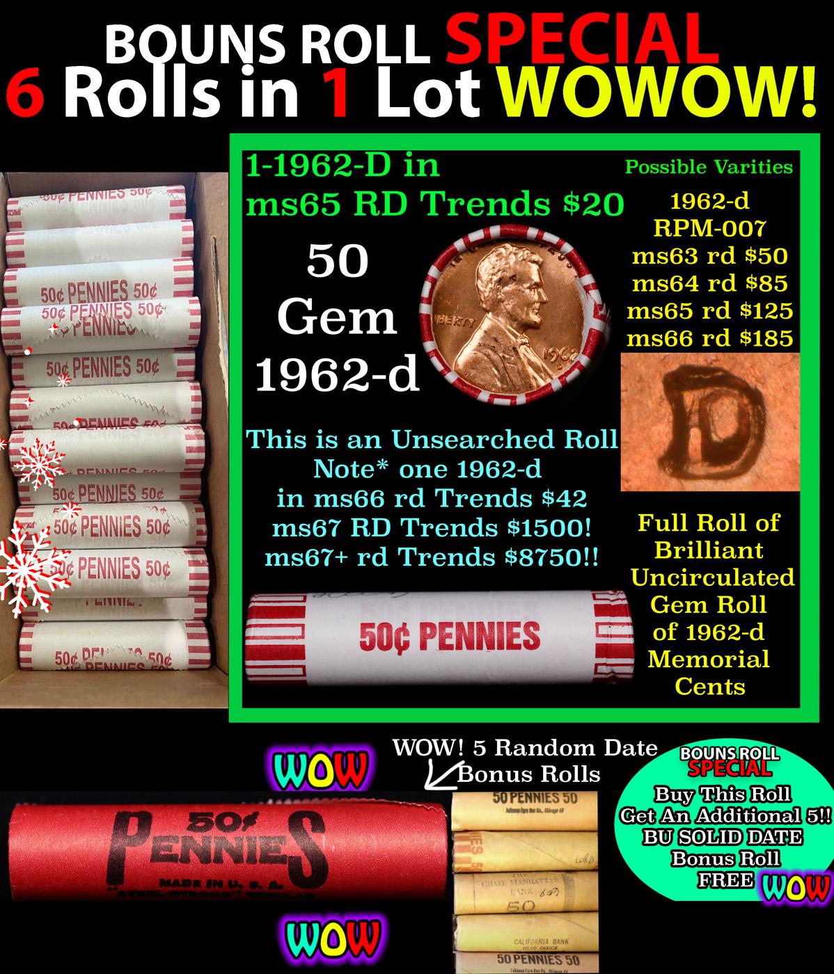 THIS AUCTION ONLY! BU Shotgun Lincoln 1c roll, 1962-d 50 pcs Plus FIVE bonus random date BU roll! Ba