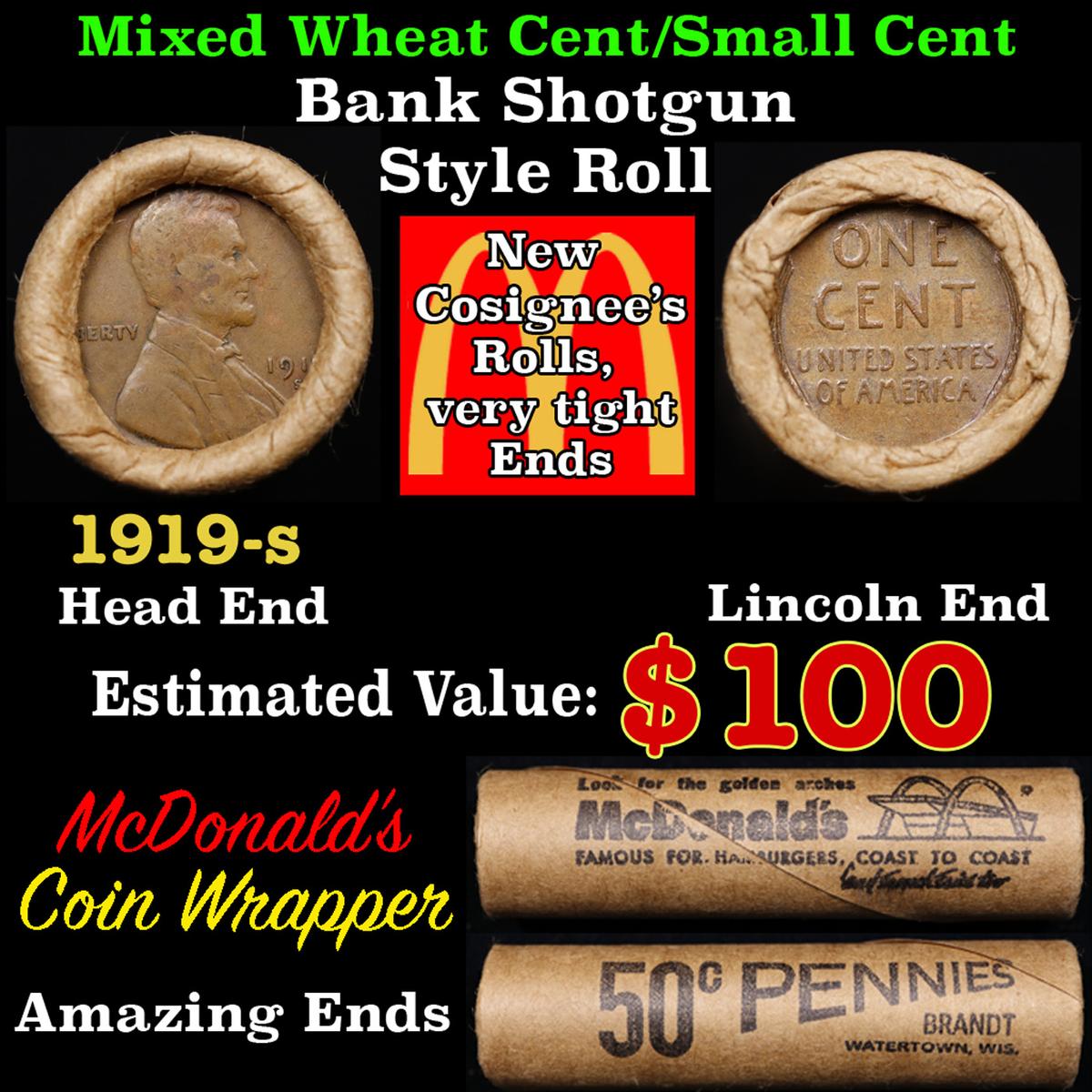 Lincoln Wheat Cent 1c Mixed Roll Orig Brandt McDonalds Wrapper, 1919-s end, Wheat other end