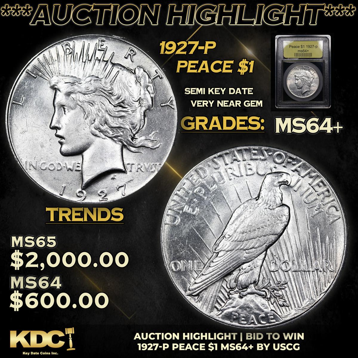 ***Auction Highlight*** 1927-p Peace Dollar 1 Graded Choice+ Unc By USCG (fc)