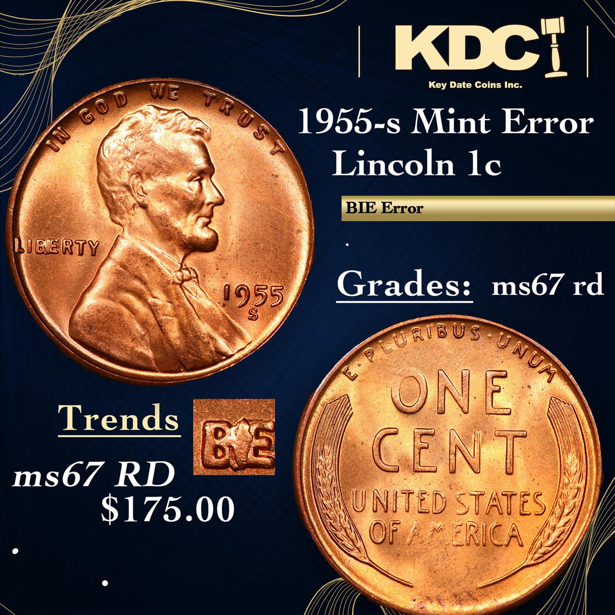 1955-s *MINT ERROR*  Lincoln Cent 1c Grades GEM++ Unc RD