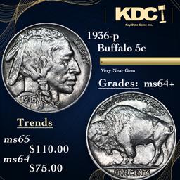 1936-p Buffalo Nickel 5c Grades Choice+ Unc