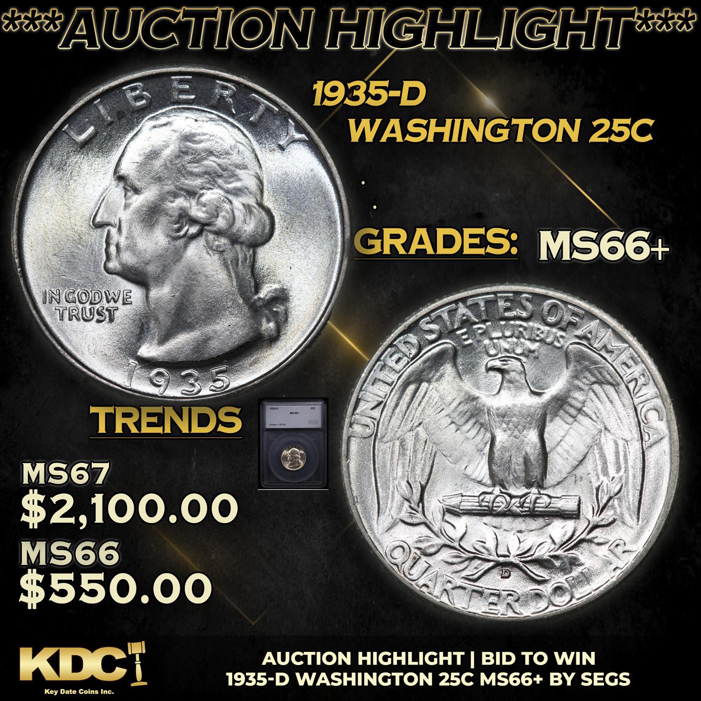 ***Auction Highlight*** 1935-d Washington Quarter 25c Graded ms66+ BY SEGS (fc)