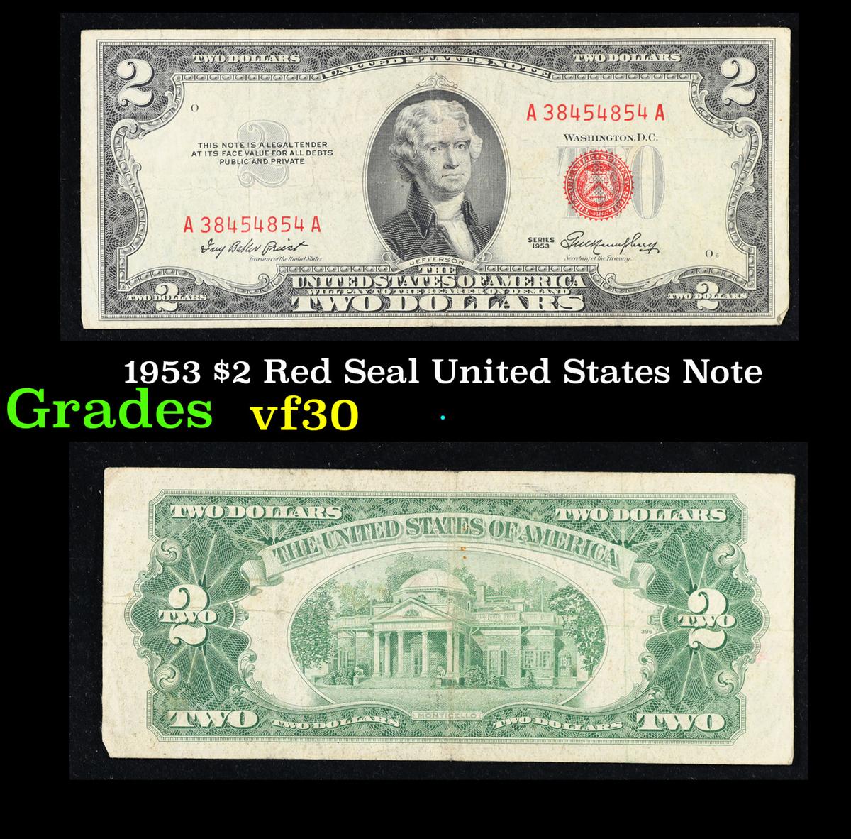 1953 $2 Red Seal United States Note Grades vf++