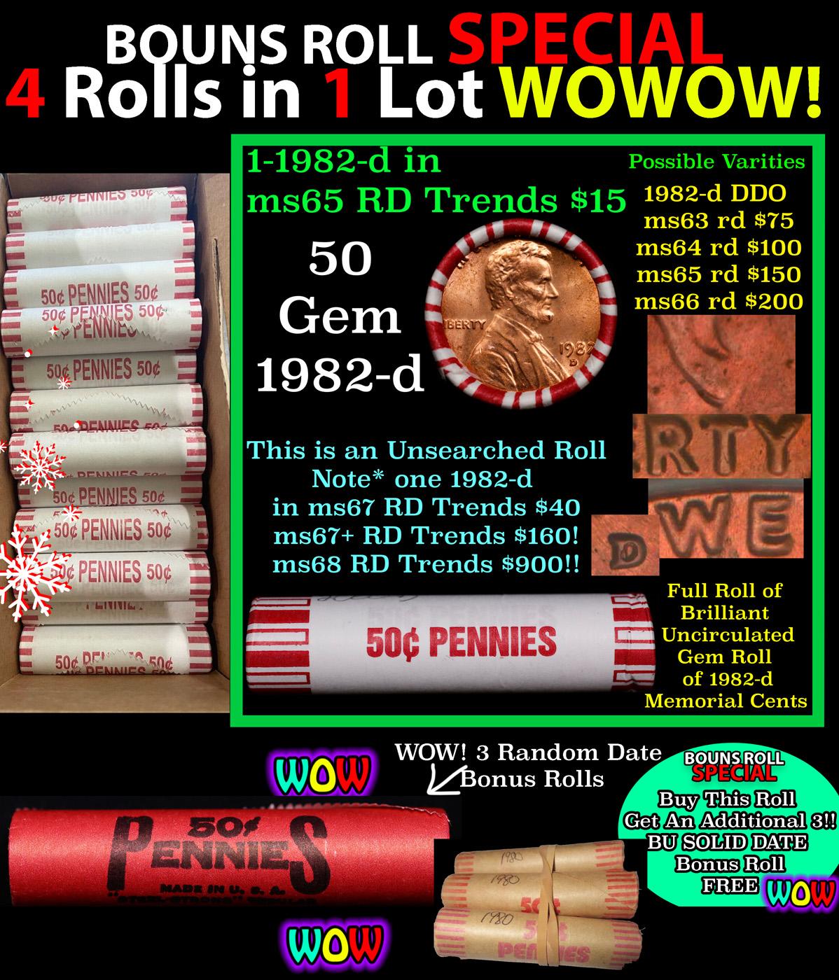 THIS AUCTION ONLY! BU Shotgun Lincoln 1c roll, 1982-d 50 pcs Plus THREE bonus random date BU roll! B