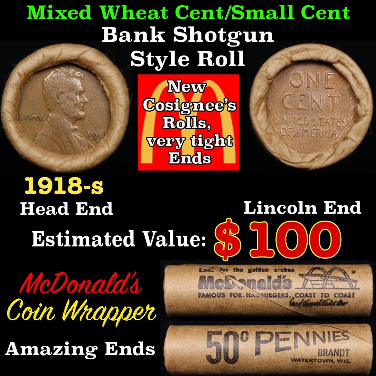 Lincoln Wheat Cent 1c Mixed Roll Orig Brandt McDonalds Wrapper, 1918-s end, Wheat other end