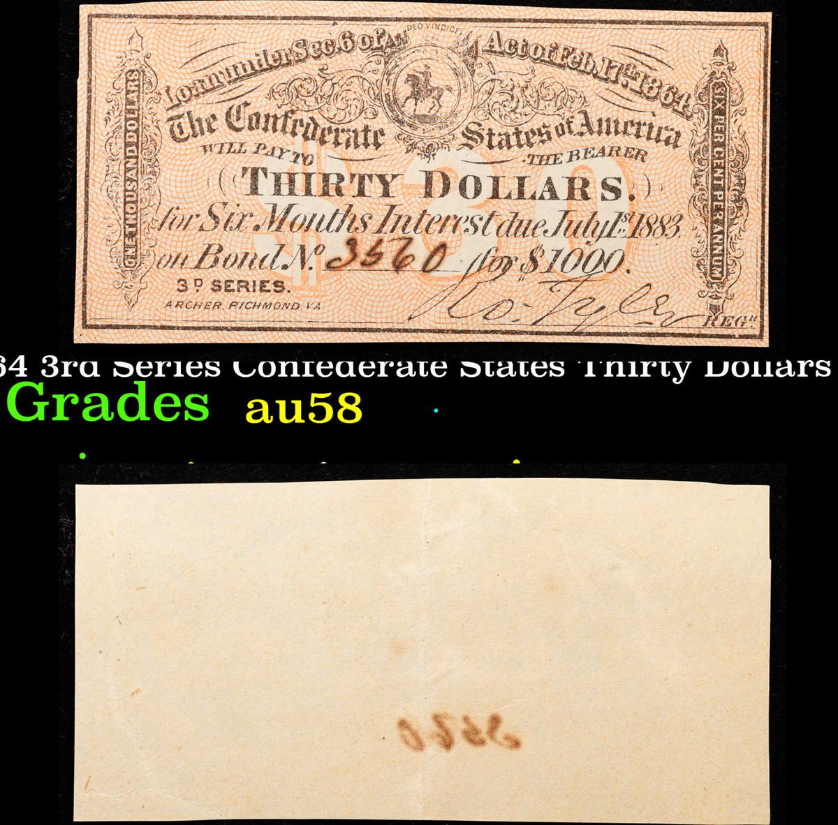 1864 3rd Series Confederate States Thirty Dollars Note Grades Choice AU/BU Slider