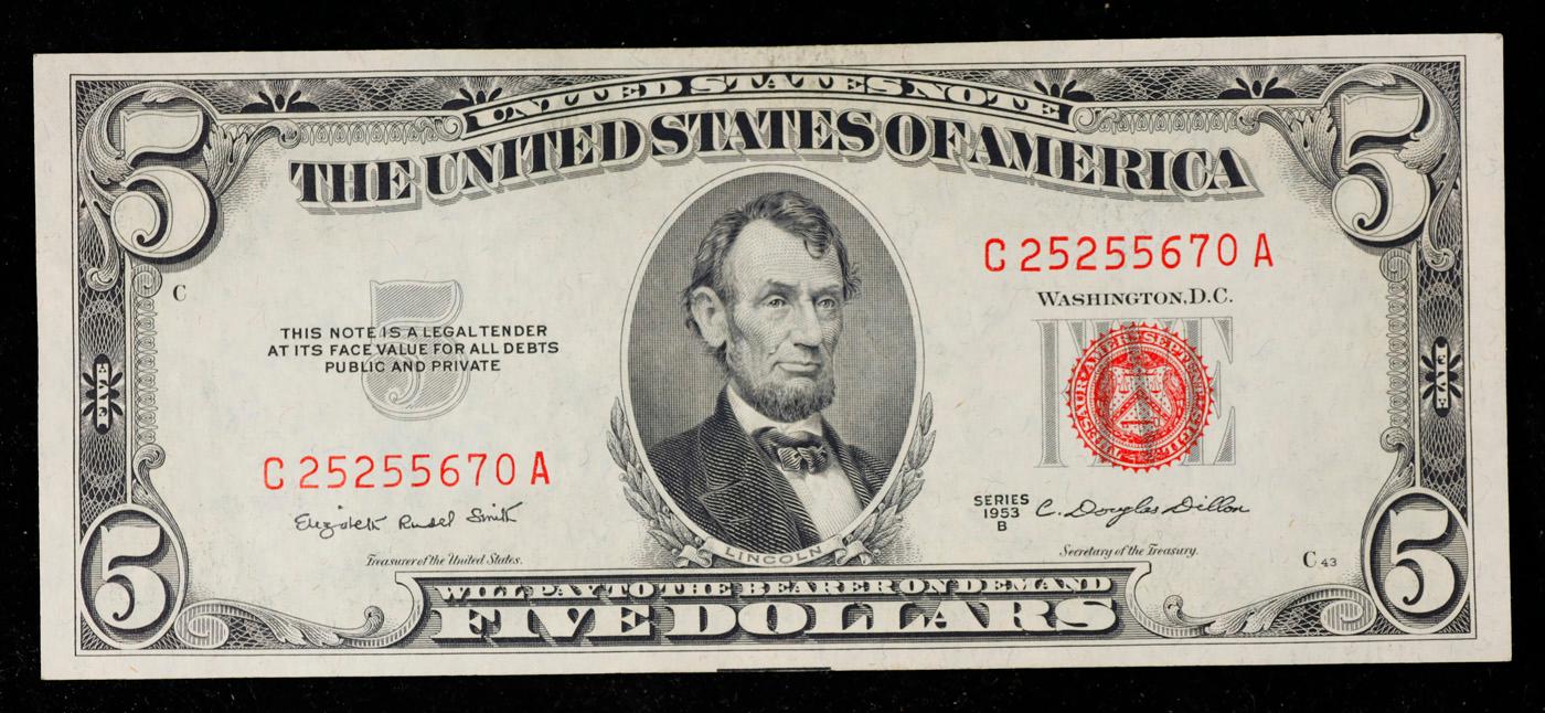 1953B $5 Red Seal United States Note Grades Choice AU/BU Slider