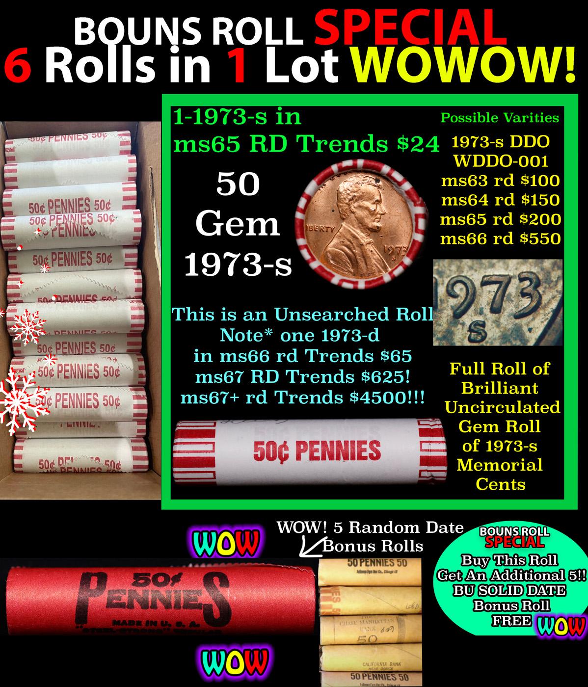 THIS AUCTION ONLY! BU Shotgun Lincoln 1c roll, 1973-s 50 pcs Plus FIVE bonus random date BU roll! Ba