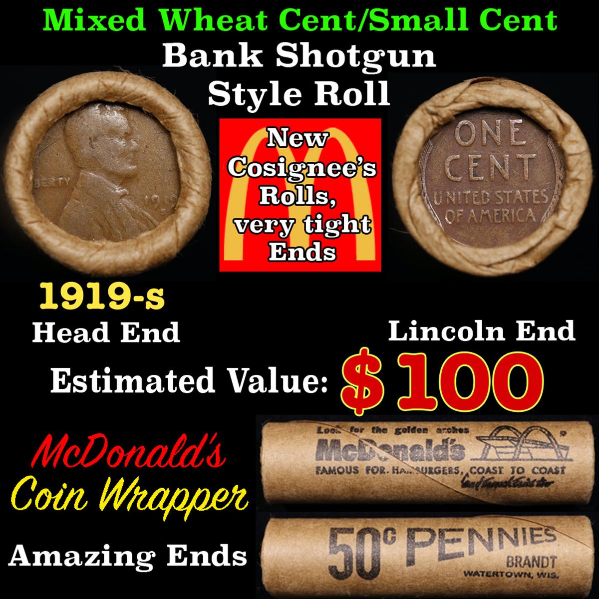 Lincoln Wheat Cent 1c Mixed Roll Orig Brandt McDonalds Wrapper, 1919-s end, Wheat other end