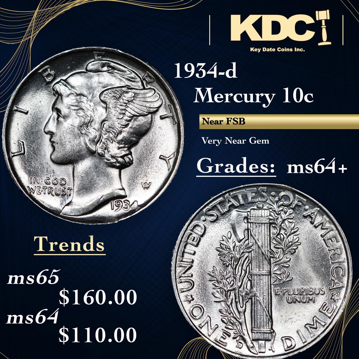 1934-d Mercury Dime 10c Grades Choice+ Unc