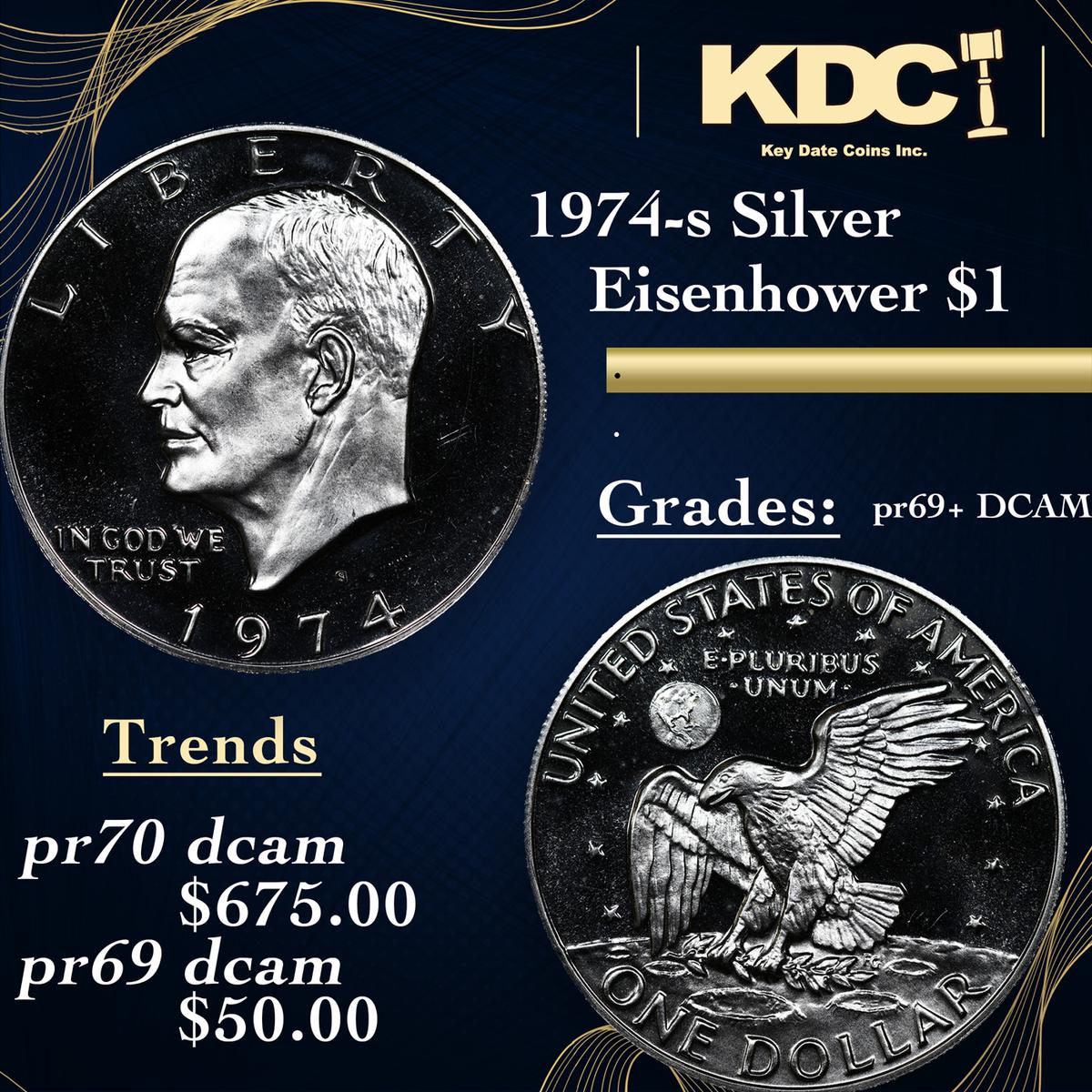 Proof 1974-s Silver Eisenhower Dollar $1 Graded pr69+ cam By SEGS