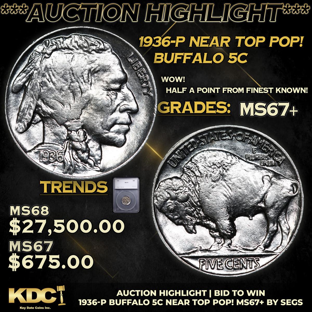 ***Auction Highlight*** 1936-p Buffalo Nickel Near Top Pop! 5c Graded ms67+ By SEGS (fc)