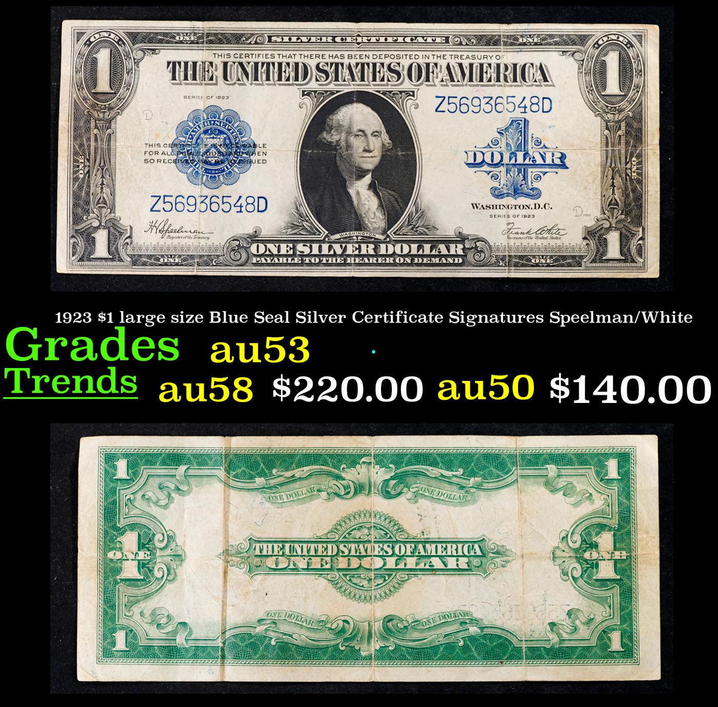 1923 $1 large size Blue Seal Silver Certificate Grades Select AU Signatures Speelman/White