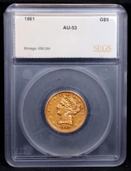 ***Auction Highlight*** 1861-p Gold Liberty Half Eagle $5 Graded au53 BY SEGS (fc)