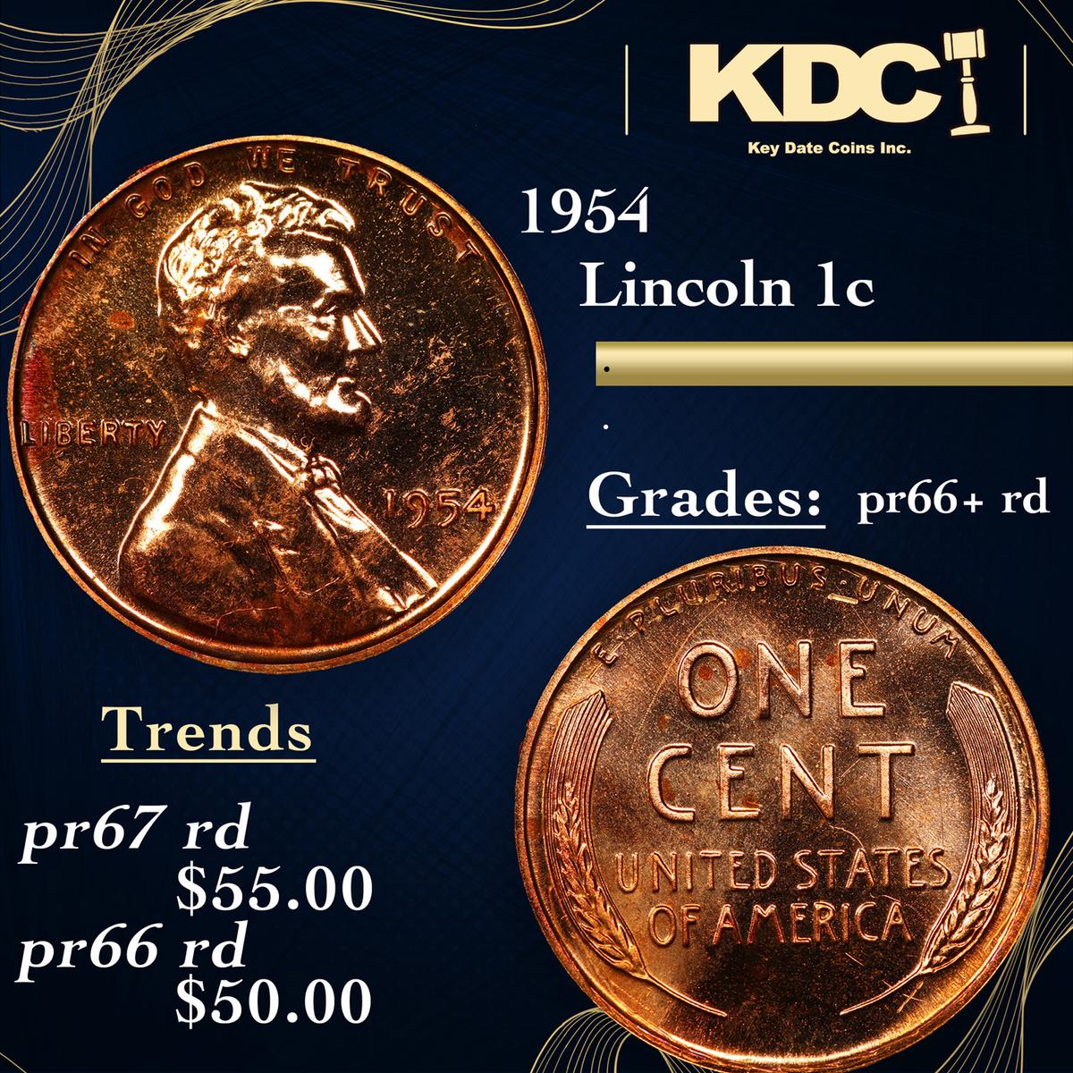 Proof 1954 Lincoln Cent 1c Grades Gem+= Proof Red