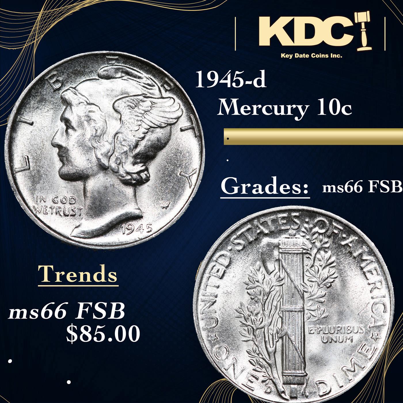 1945-d Mercury Dime 10c Grades GEM+ FSB