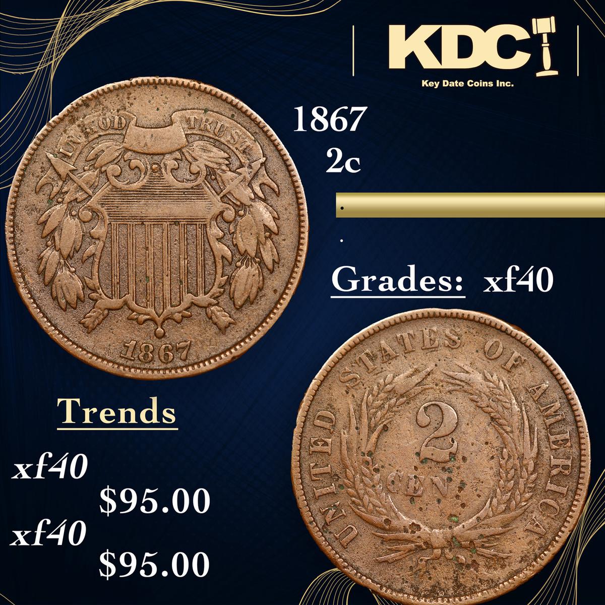 1867 Two Cent Piece 2c Grades xf