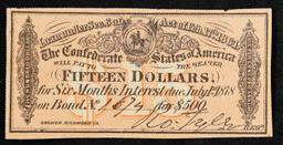 1864 Confederate States Fifteen Dollars Note Grades Choice AU/BU Slider