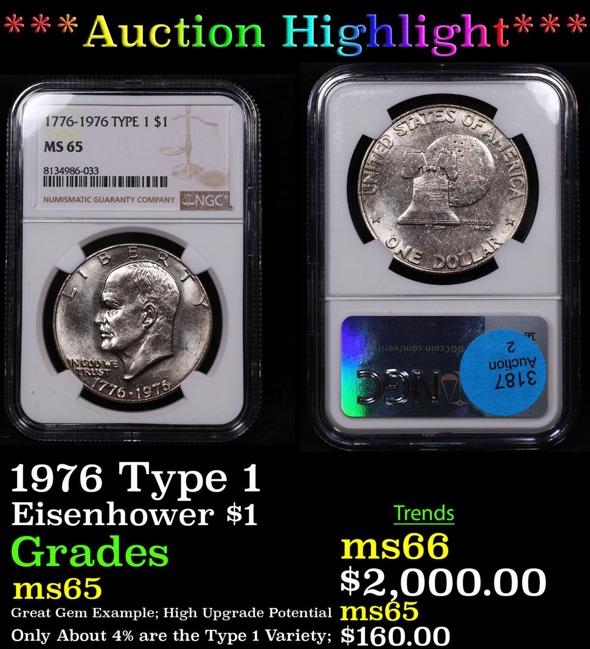 ***Auction Highlight*** NGC 1976 Type 1 Eisenhower Dollar 1 Graded ms65 By NGC (fc)