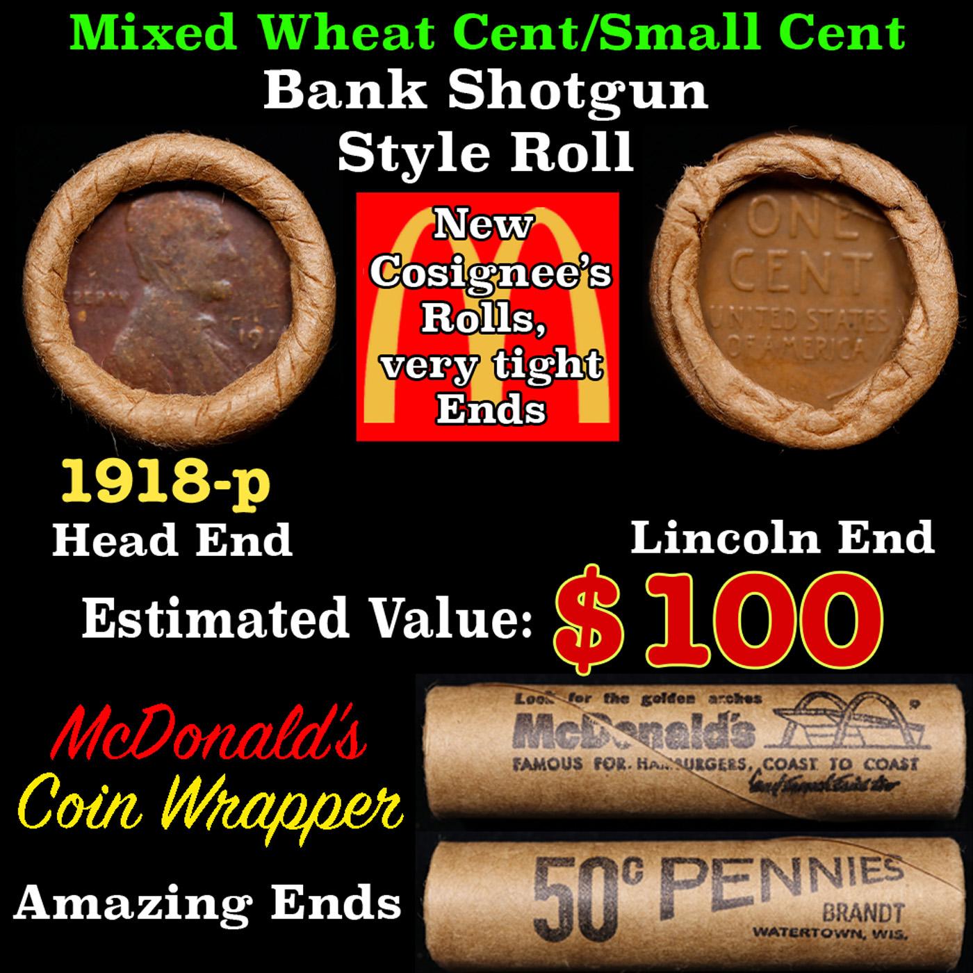 Lincoln Wheat Cent 1c Mixed Roll Orig Brandt McDonalds Wrapper, 1918-p end, Wheat other end