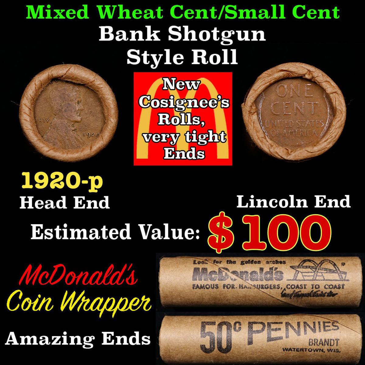 Lincoln Wheat Cent 1c Mixed Roll Orig Brandt McDonalds Wrapper, 1920-p end, Wheat other end